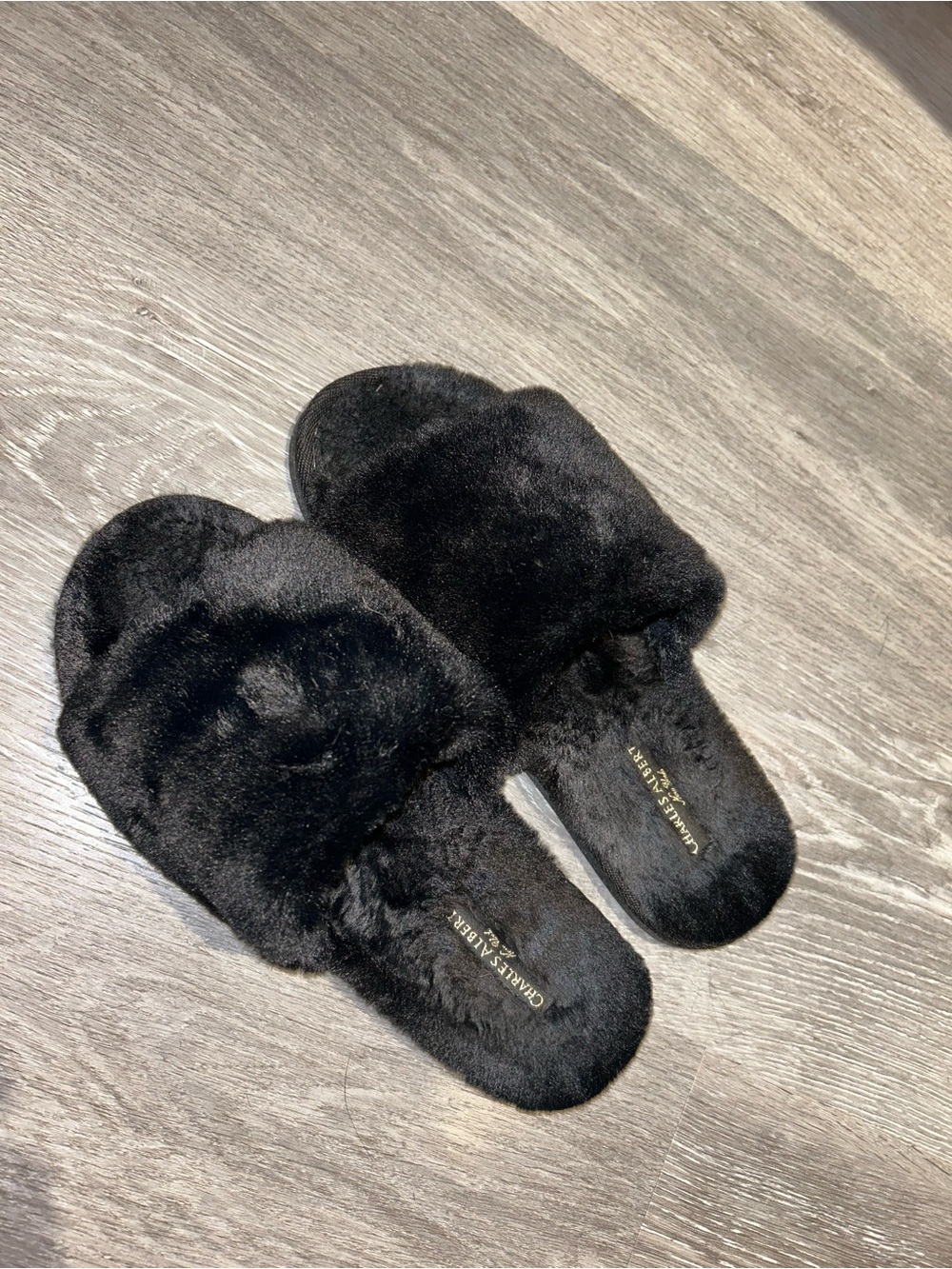 Charles Albert Black Plush Faux Fur Slide Slippers